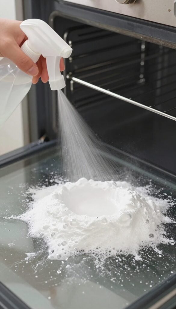 Spraying white vinegar onto baking soda paste in a clean oven