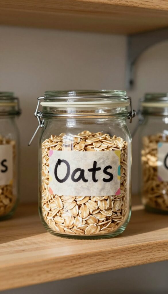 Glass jar with colorful washi tape label handwritten with permanent marker, filled with oats on a wooden pantry shelf in natural light