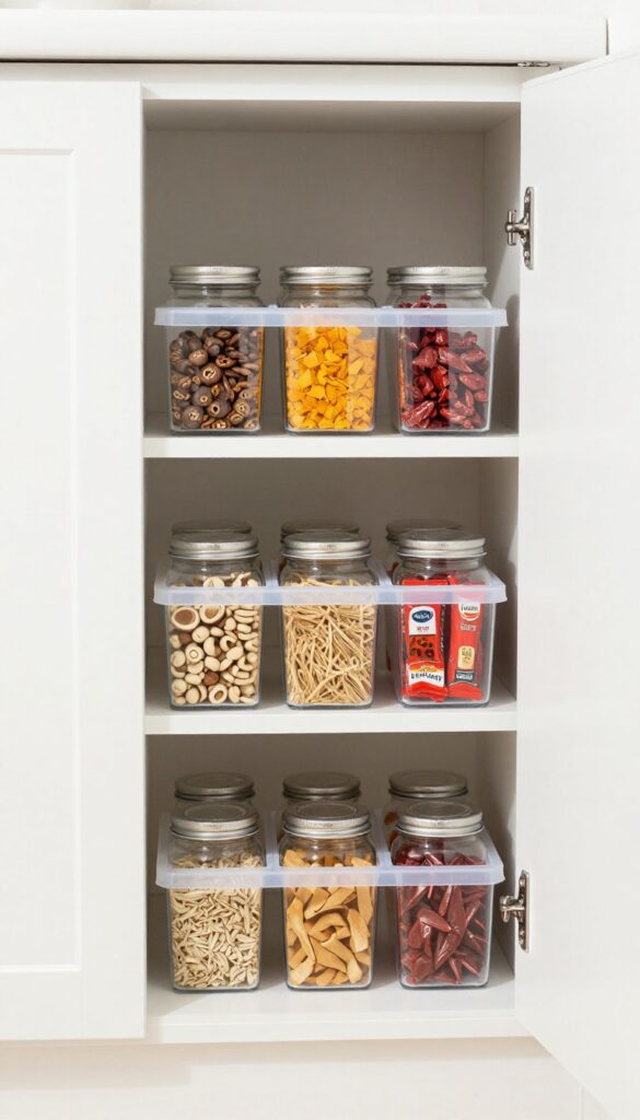 Over-the-door pantry organizer with clear pockets holding spices and snacks, natural light, organized kitchen pantry.