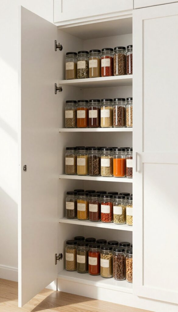 Wall-mounted spice rack on inside of pantry door with uniform jars