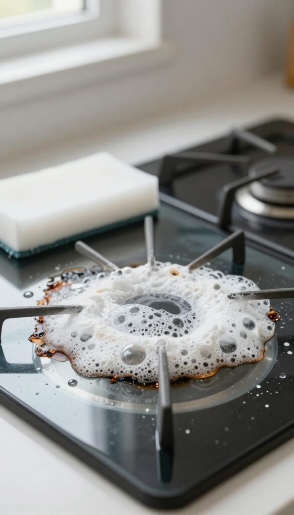 Baking soda and hydrogen peroxide paste fizzing on a glass cooktop to remove burnt-on spills