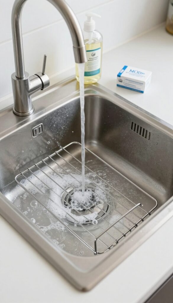 Oven racks soaking in hot soapy water in a kitchen sink with dish soap and baking soda nearby