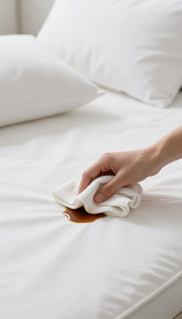 Hand blotting a coffee spill on a white mattress with a cloth