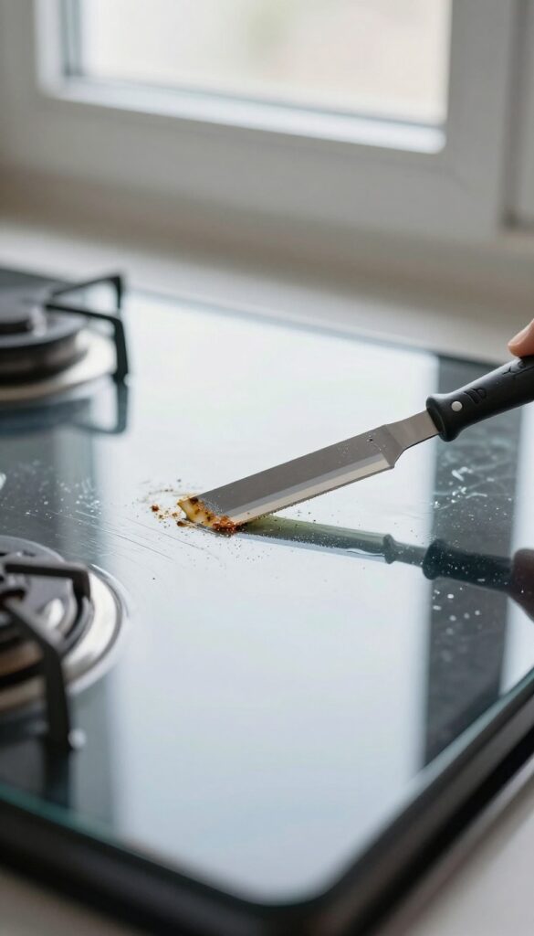 Close-up of a razor blade scraping baked-on gunk from a glass stove top, bright natural light, clean composition.