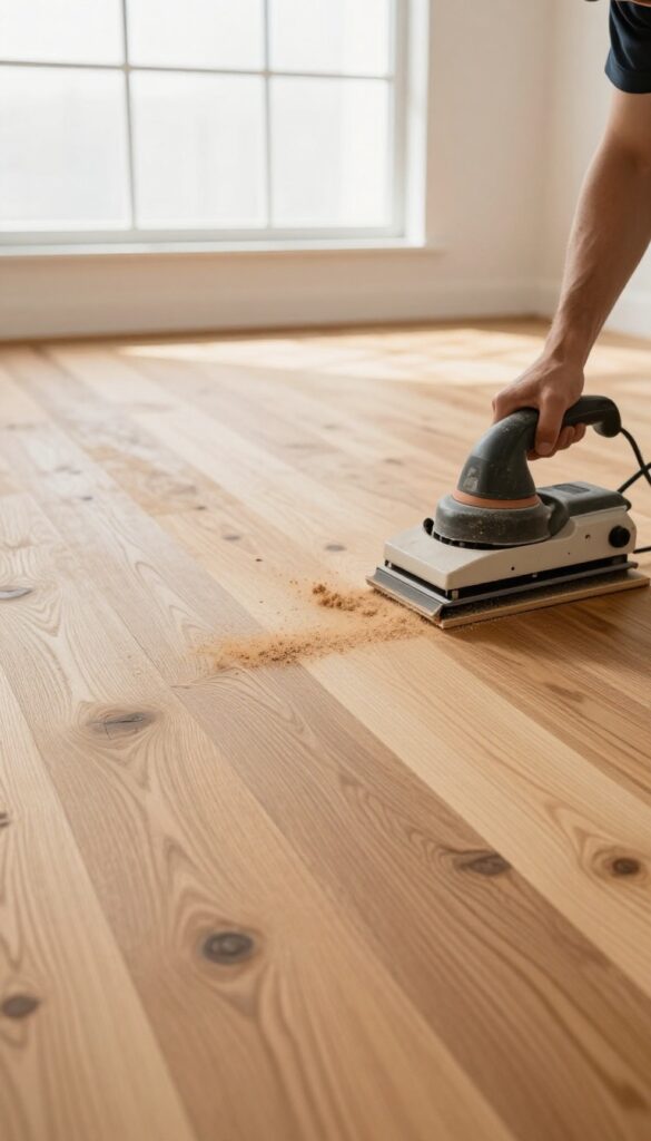 Professional hardwood floor refinishing in progress with a floor sander