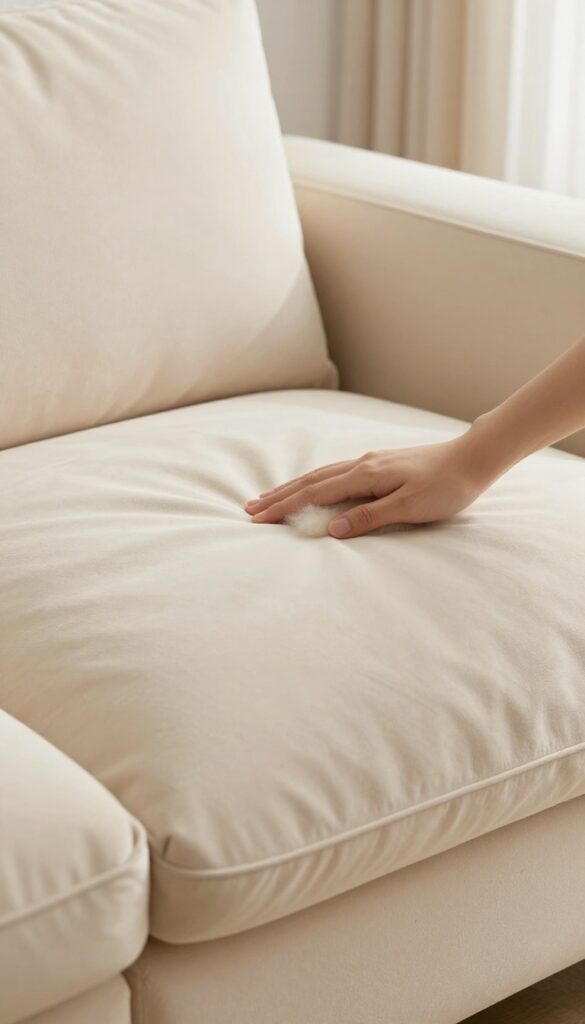 Hand fluffing a couch cushion to maintain its shape, bright natural light, clean decor