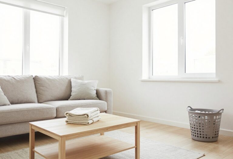 Clean and organized living room with a tidy coffee table and folded blanket on a sofa
