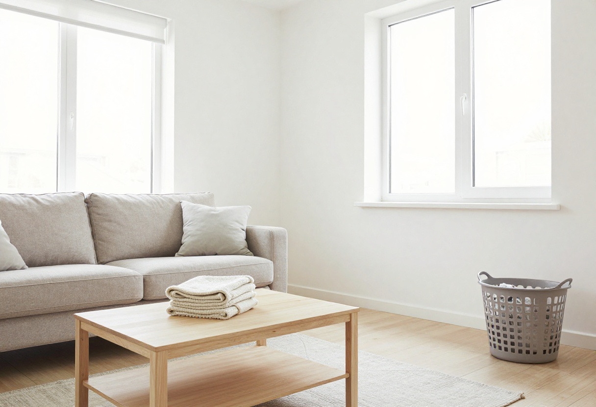 Clean and organized living room with a tidy coffee table and folded blanket on a sofa