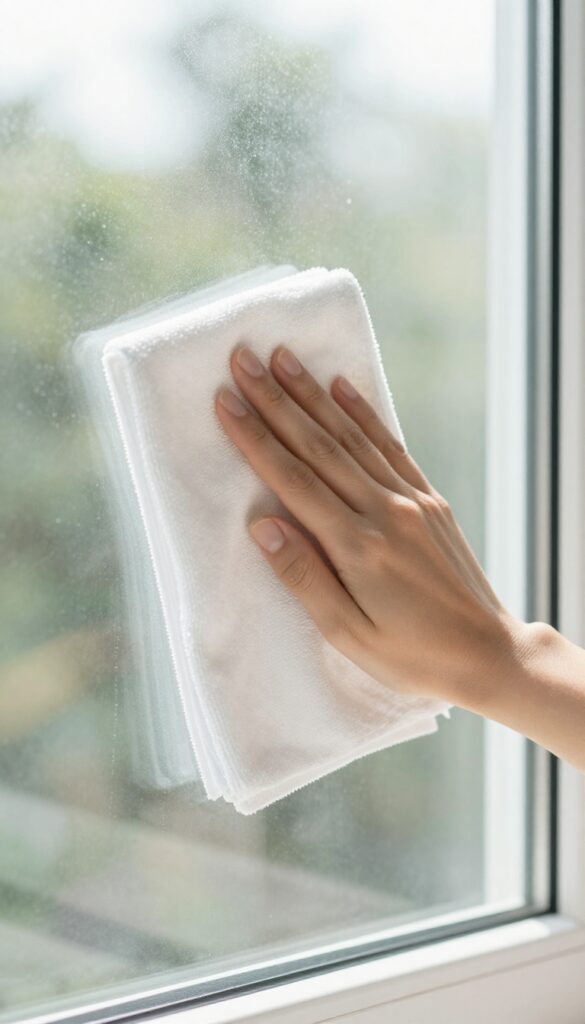 Hand wiping a clean glass window with a damp microfiber cloth, bright natural light, no streaks