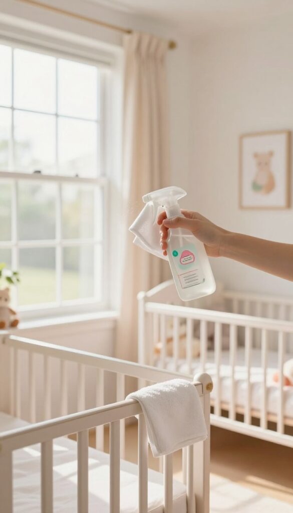Gentle cleaning of a nursery window with baby shampoo solution, soft pastel room, bright natural light