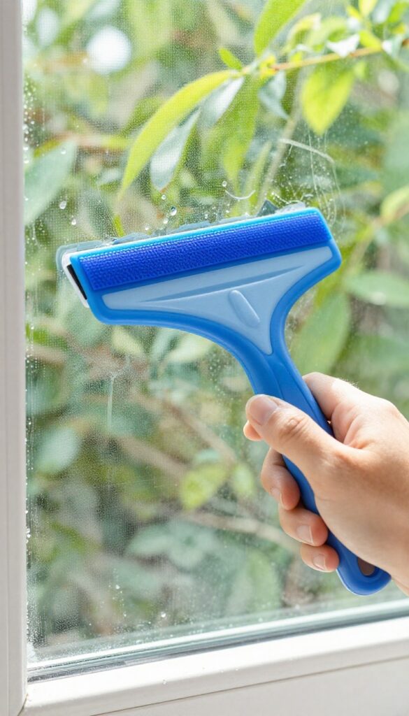 Person using a squeegee to clean a window screen for a streak-free finish