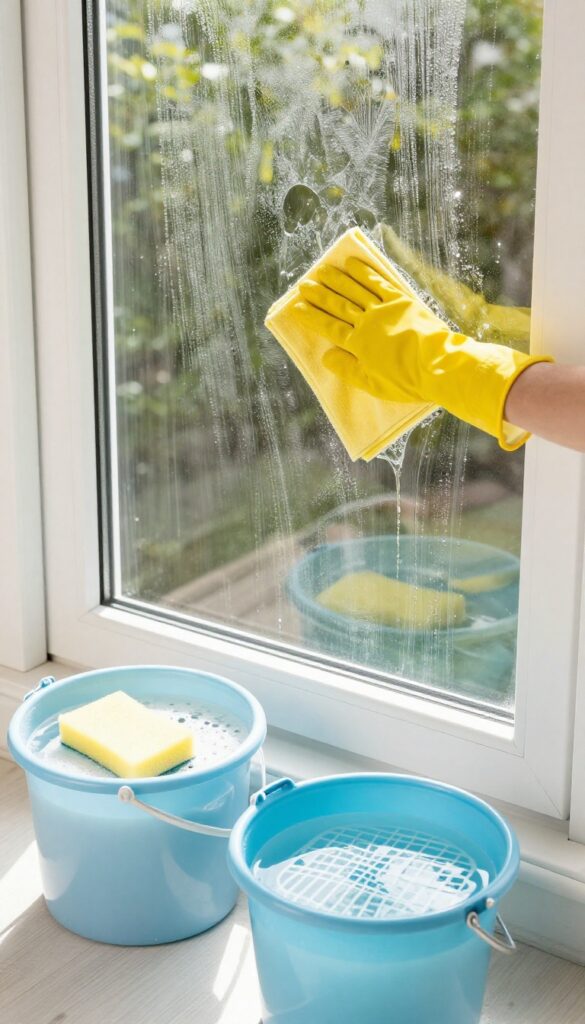 Exterior window cleaning with two-bucket method, soapy and rinse buckets, sponge and microfiber cloth, bright natural light, streak-free shine