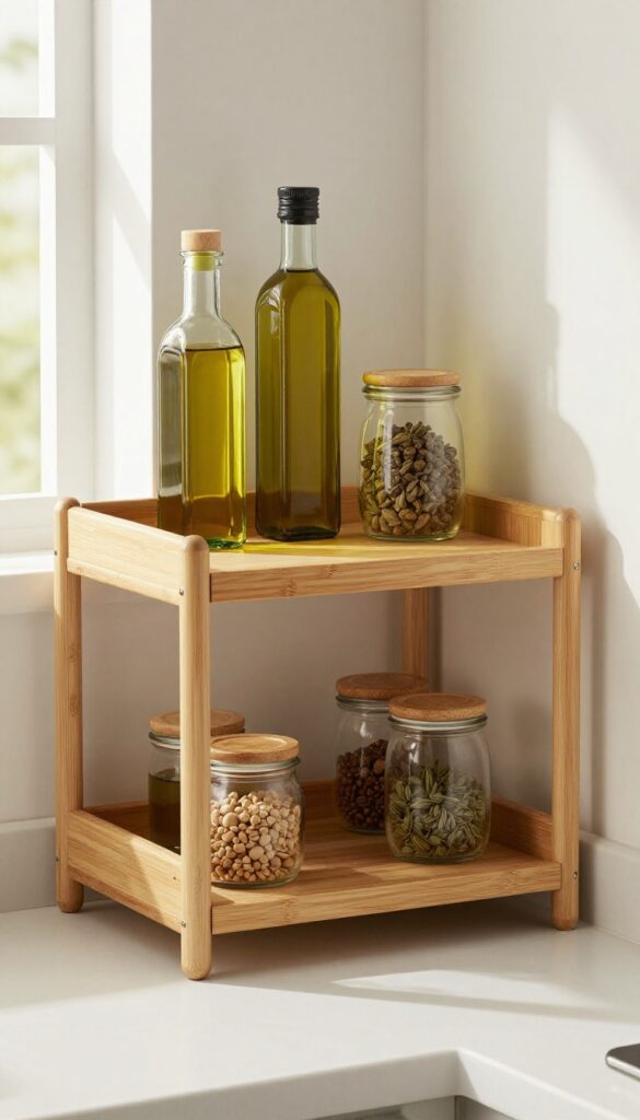 Corner shelf with lazy Susan and organized bottles in a bright kitchen