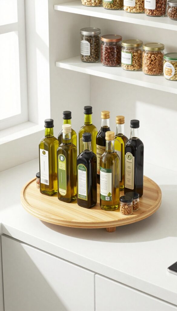 A bamboo lazy Susan on a pantry shelf holding oils, vinegars, and condiments in natural light.