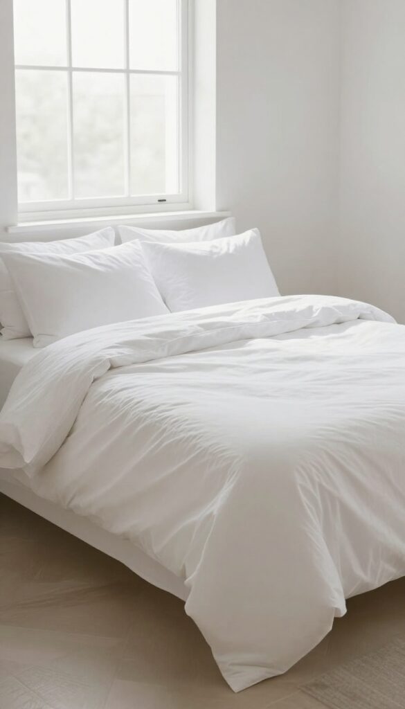A neatly made bed in a bright, clean bedroom with natural light and minimal decor.