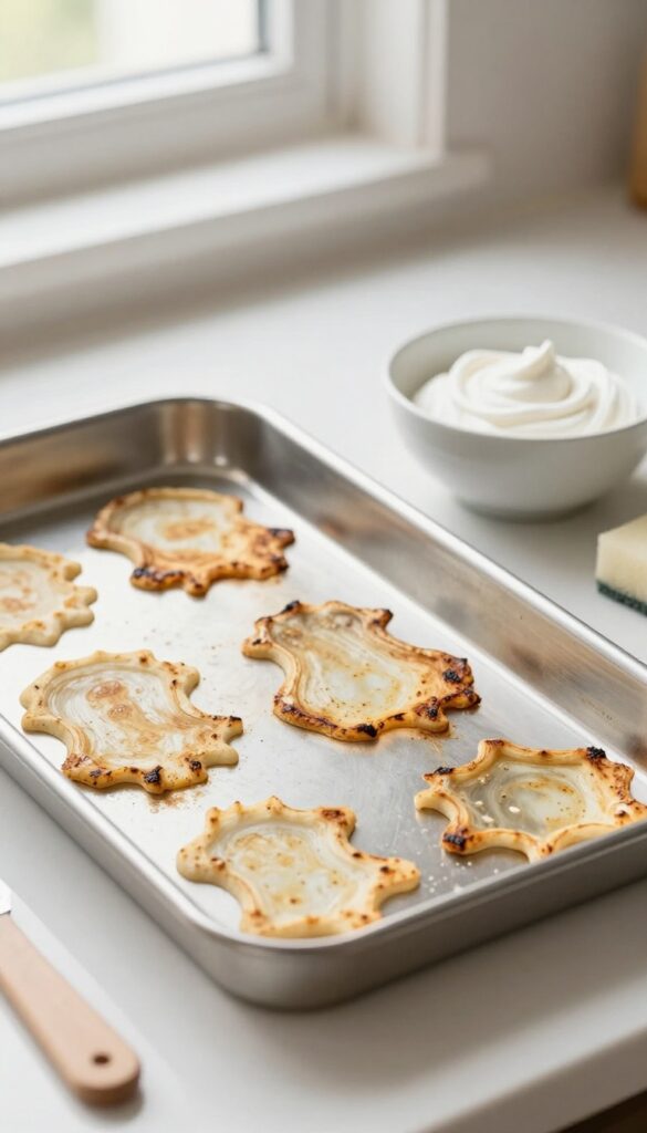 Cream of tartar paste applied to burnt stains on a cookie sheet