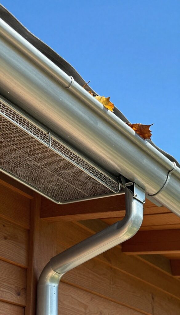 Close-up of a gutter with a mesh gutter guard, leaves on top, clean gutter underneath, bright daylight, photorealistic.
