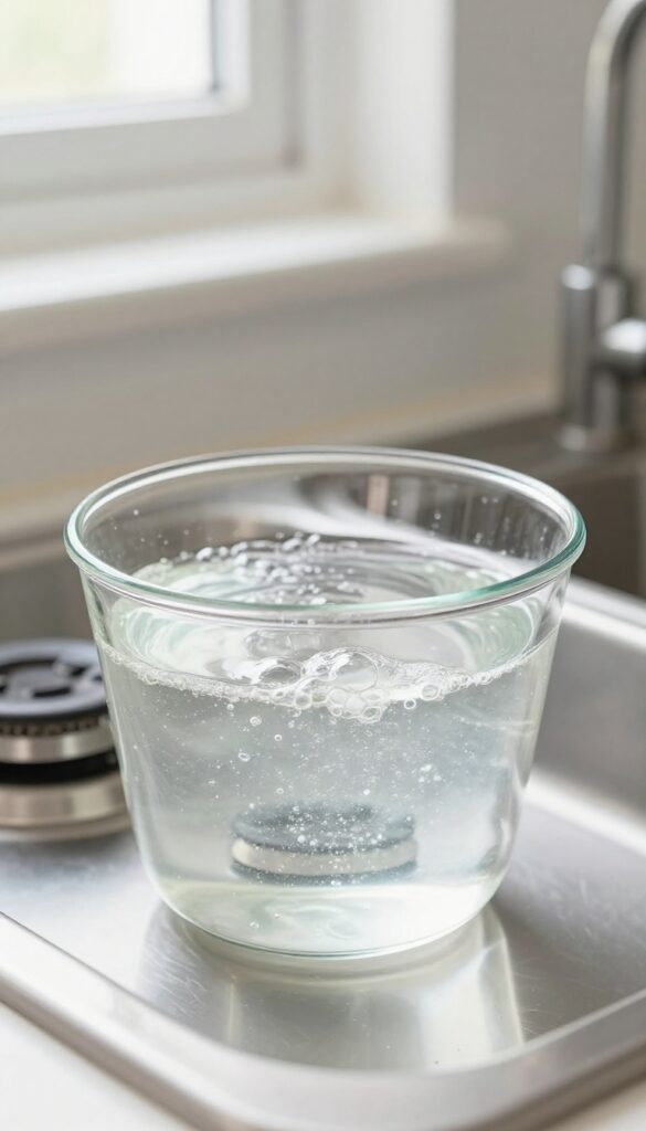Burner caps soaking in vinegar and water solution in a glass bowl on a kitchen counter.