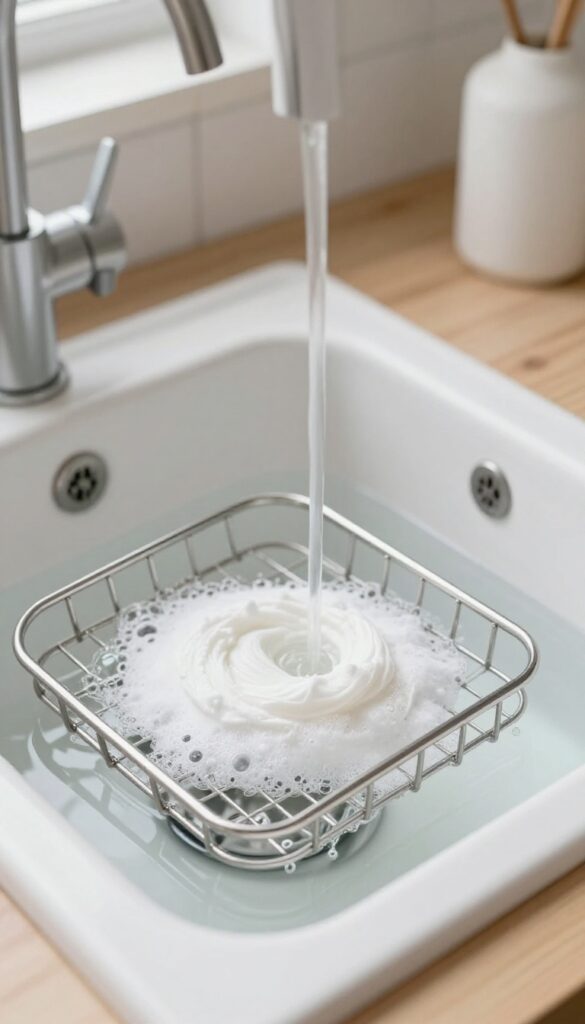 Oven rack soaking in baking soda and vinegar solution in a kitchen sink