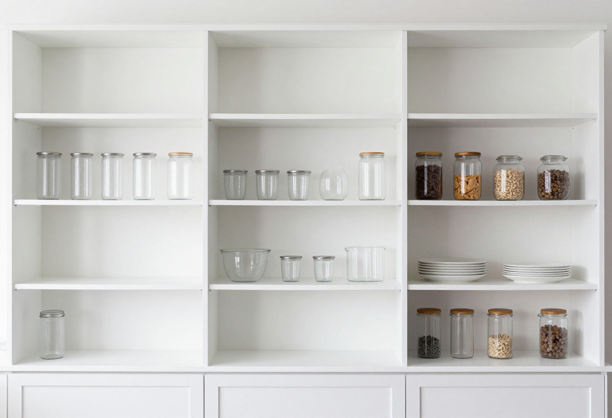 Modern organized pantry with clear bins and labeled jars on open shelving