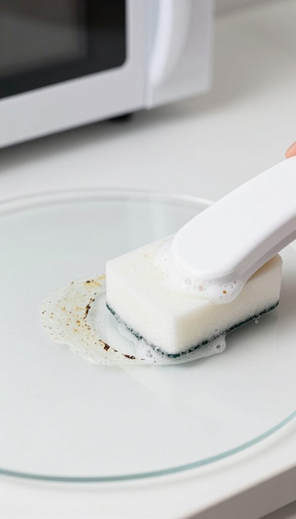 Magic eraser cleaning tough burnt stain inside microwave