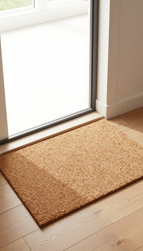 Two doormats at an entrance, one outdoor scraper and one indoor absorbent mat, on a clean wooden floor with natural light.