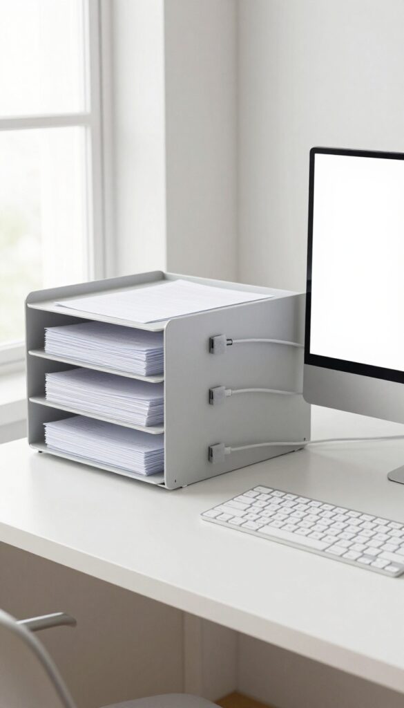 Organized home office desk with cables and paper clutter neatly arranged