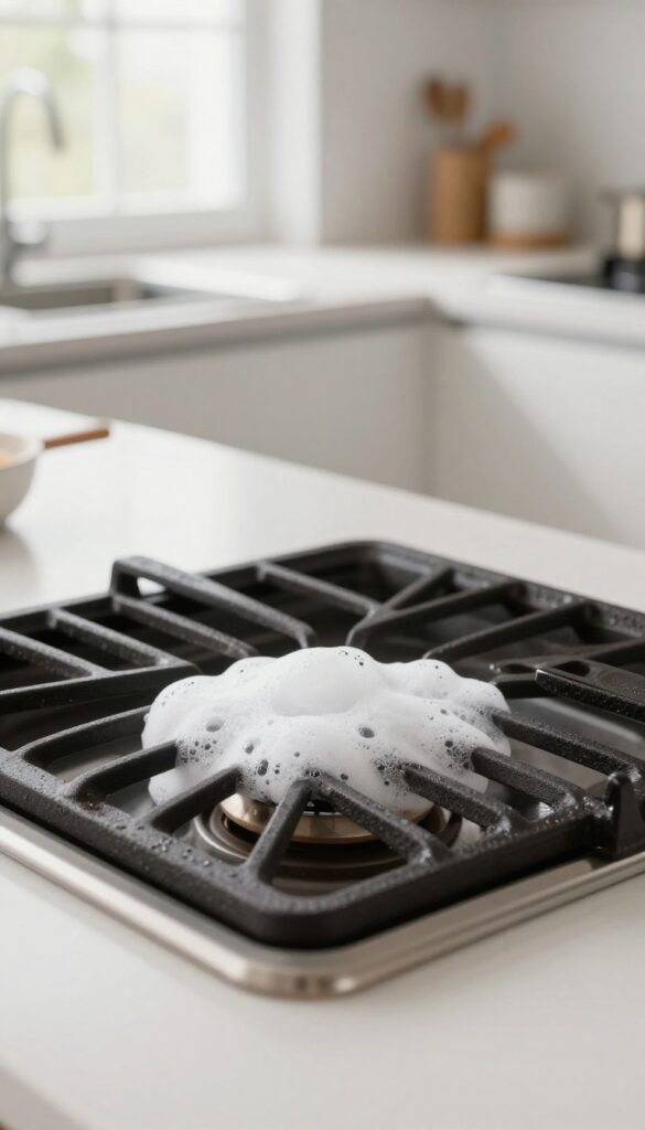 A cast iron stove grate being sprayed with a commercial cleaner, forming foam bubbles, on a kitchen counter with natural light.