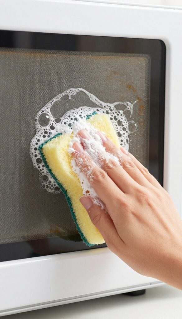 Hand scrubbing microwave interior with baking soda and vinegar fizz