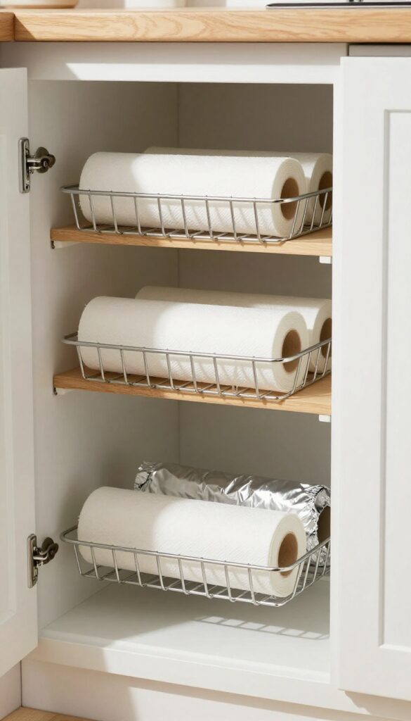Under-shelf wire baskets in a kitchen cabinet storing paper towels and foil