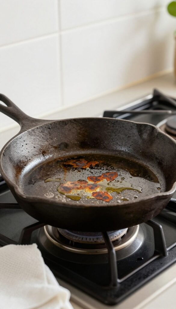 Cast iron skillet with dull seasoning on a stovetop, ready for re-seasoning