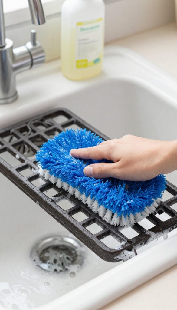 Close-up of scrubbing a cast iron stove grate with a nylon brush in a kitchen sink.
