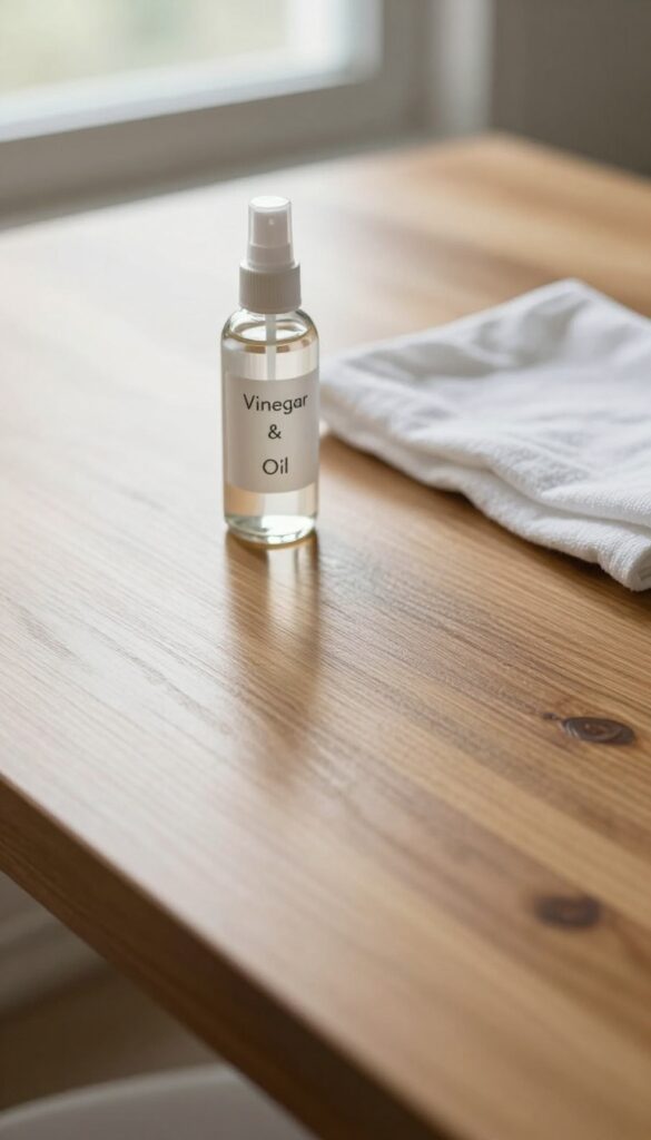 Polished wooden table with a spray bottle and cloth for DIY vinegar and oil wood polish