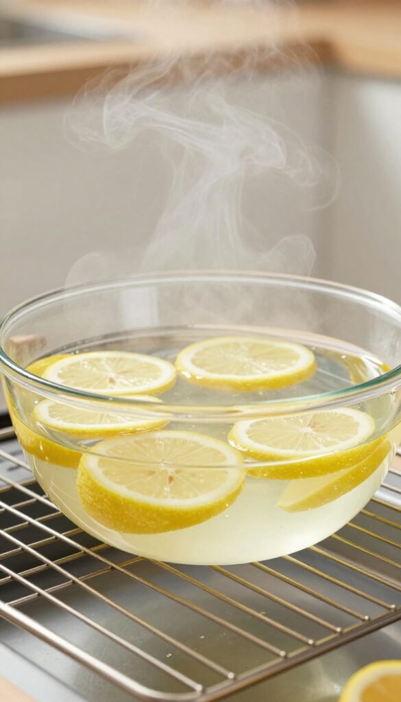 Oven interior with steam rising from a bowl of water and lemon slices