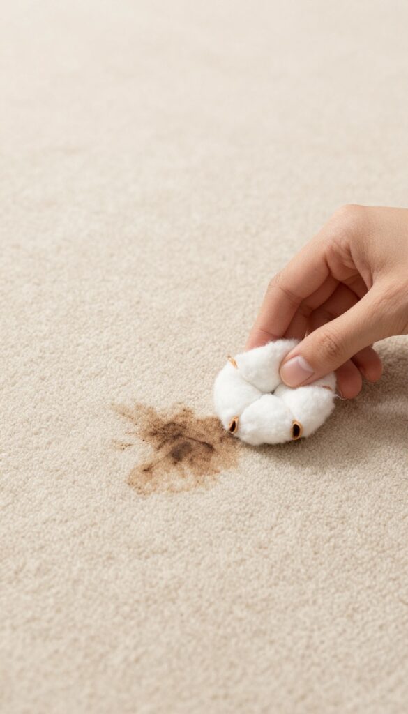 Hand dabbing ink stain on carpet with rubbing alcohol