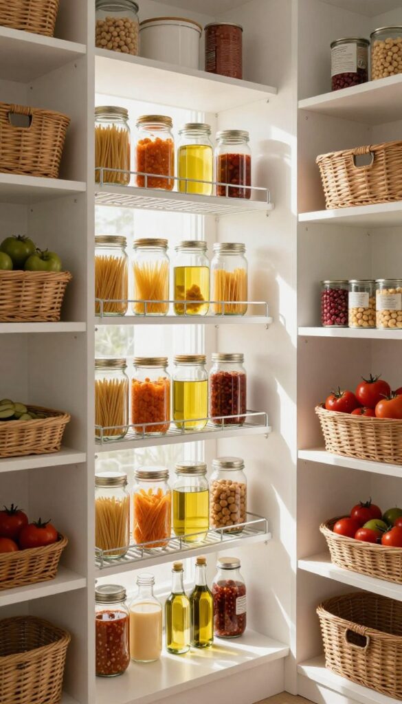 Pantry shelf with wire shelf riser doubling vertical space, cans and jars organized on two levels, bright natural light.