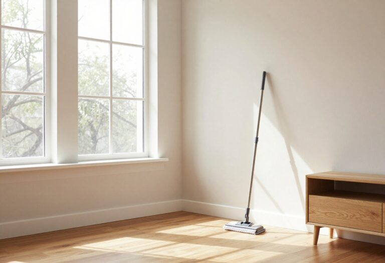 Clean hardwood floor in a sunlit living room with a microfiber mop