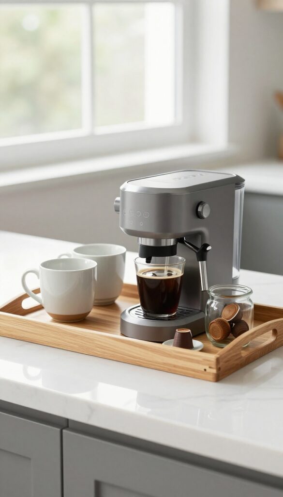 A single coffee station on a wooden tray with espresso machine, mugs, and coffee pod jar on a marble countertop.