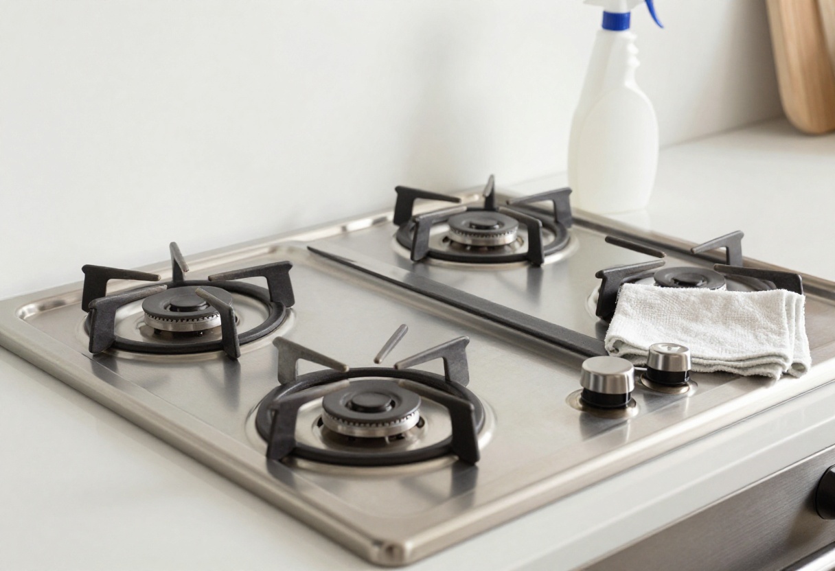 Clean gas stove top with shiny grates and burner caps