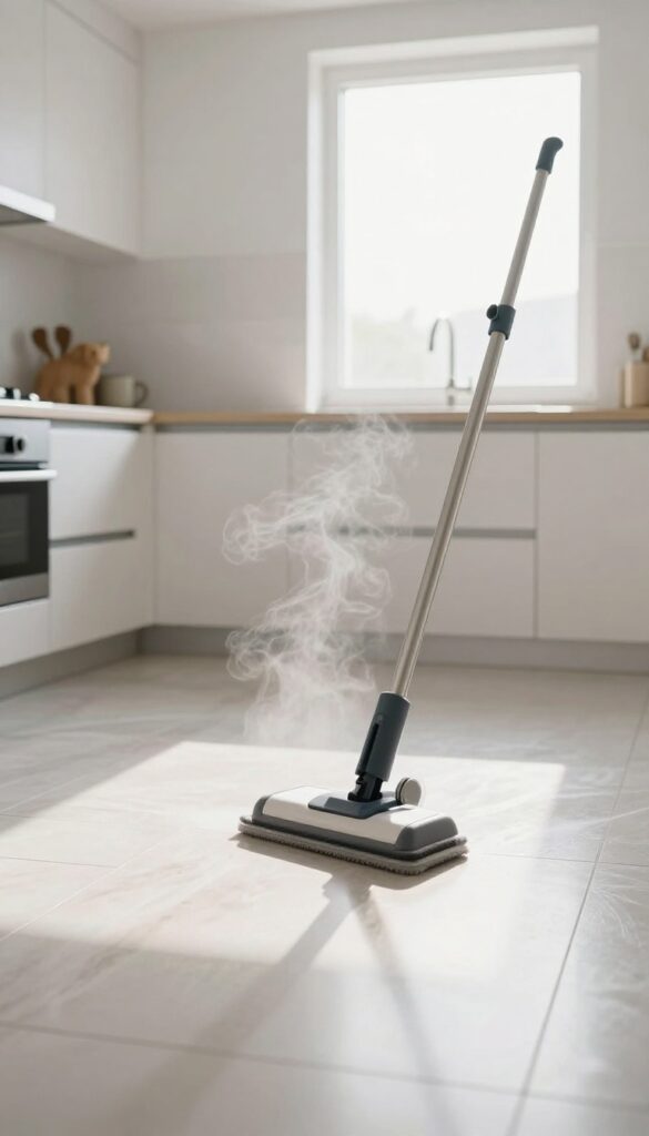 Steam mop cleaning a sealed tile floor in a bright kitchen