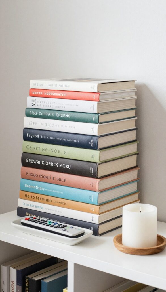 A shelf with books grouped by color, a tray with remote controls, and candles arranged together, demonstrating the concept of grouping like items for a clutter-free look.