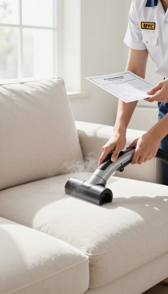 Professional sofa cleaner with IICRC certification and insurance documents in a bright living room