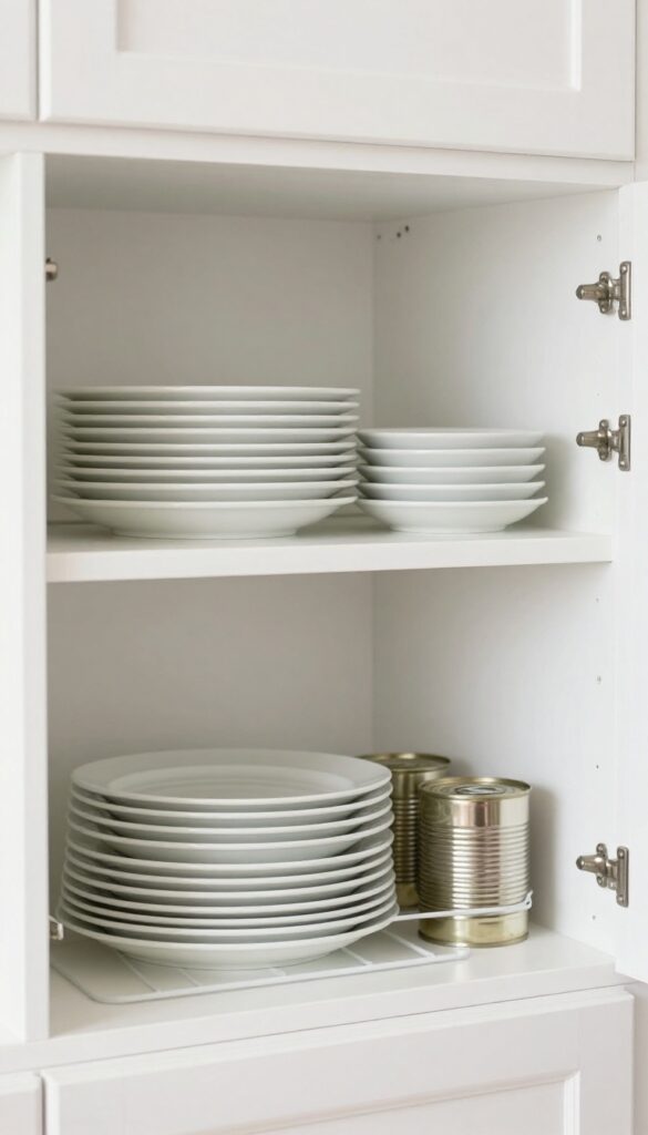 Kitchen cabinet with wire shelf riser holding plates on two levels, organized and bright.
