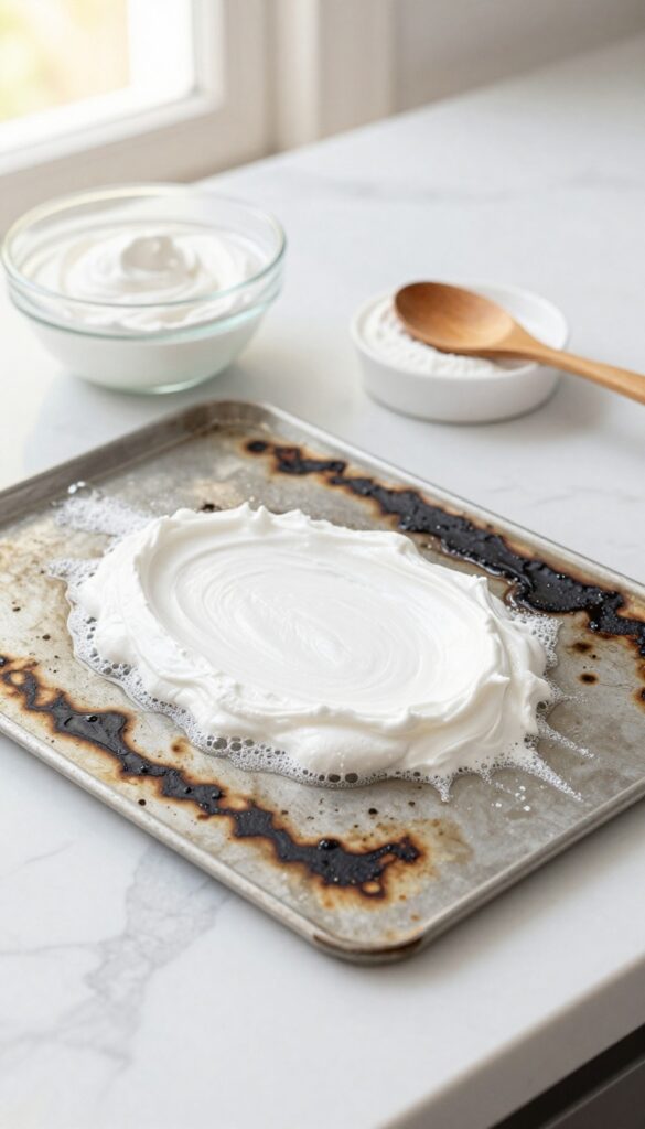 Baking soda and hydrogen peroxide paste applied to burnt cookie sheet stains, with bubbles forming, on a sunlit kitchen counter.
