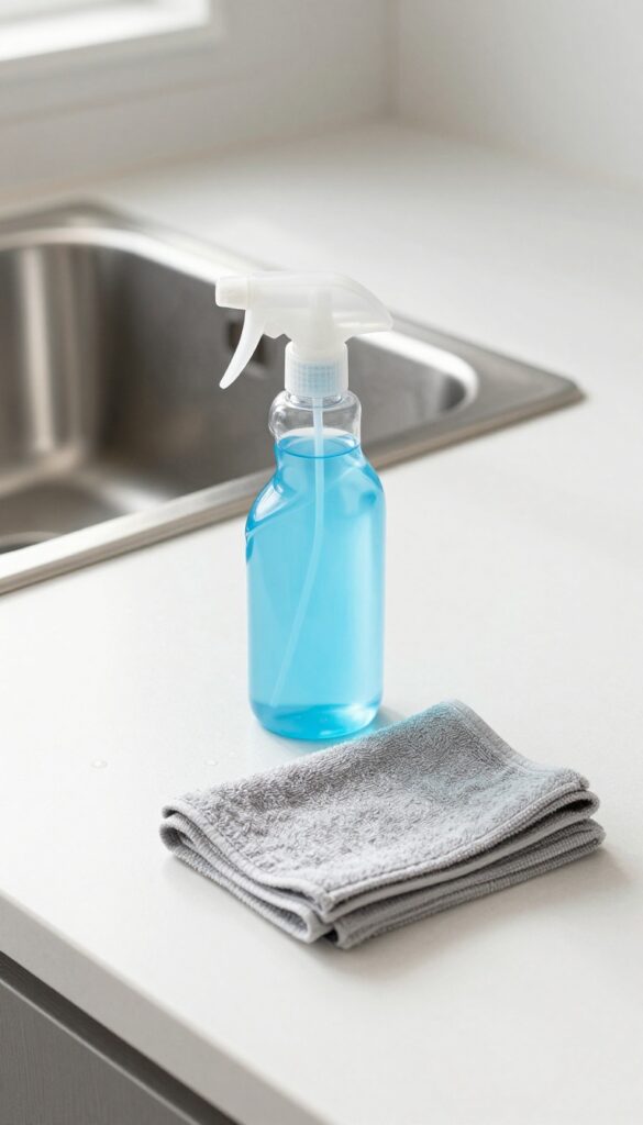 A spray bottle of all-purpose cleaner on a kitchen counter with a microfiber cloth, bright natural light, clean and organized look.