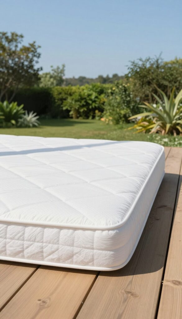 A mattress sun-drying outdoors on a wooden deck under bright sunlight with a white sheet covering it, surrounded by a garden.