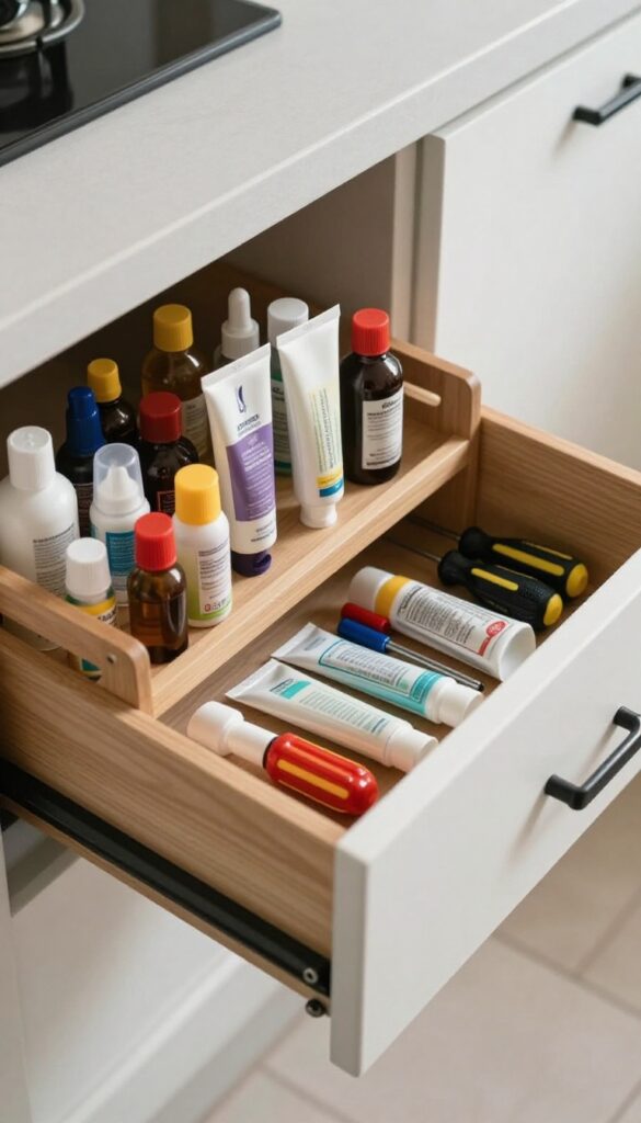 Organized kitchen drawer with a spice rack holding small bottles and tubes upright.