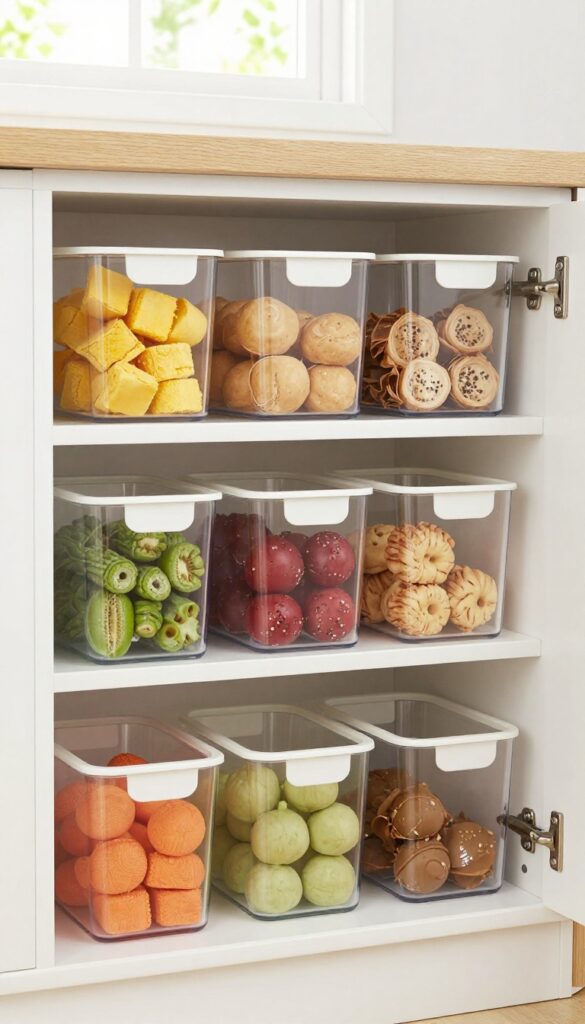 Deep pantry shelf with clear modular bins with handles, organized with snacks and baking supplies, bright natural light