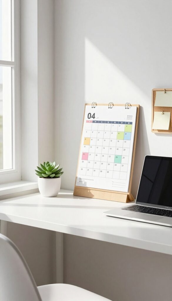 A clean, organized home office desk with a calendar and laptop, bathed in natural sunlight, representing a maintenance schedule for home cleaning.