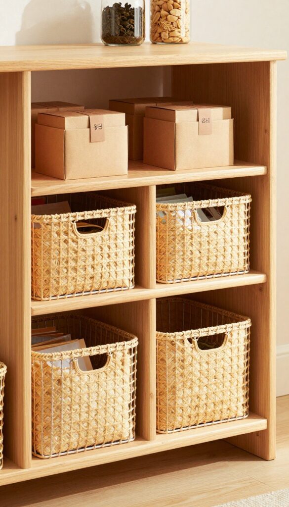 Under-shelf baskets hanging from a pantry shelf, holding tea and spices, with clear floor space below.